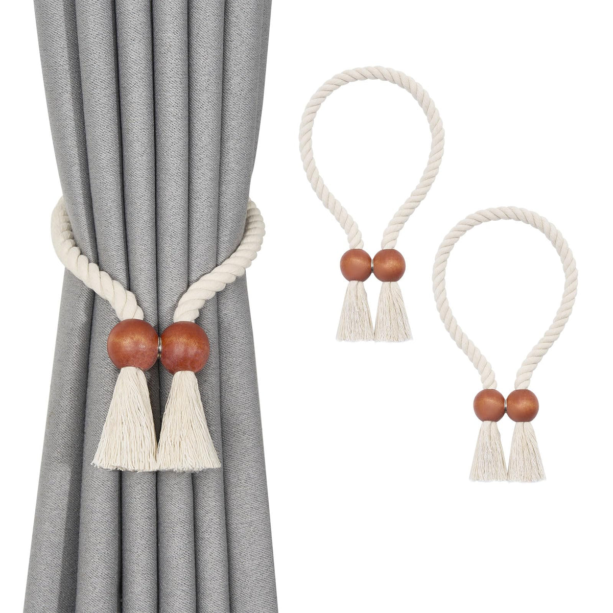NICEEC 2 Pack Wooden Ball Magnetic Curtain Tiebacks Boho Home Decor Drape Tie Backs Natural Cotton Hand Woven Rope Curtain Holdbacks for Thin & Thick Home & Office Window Draperies (Beige)