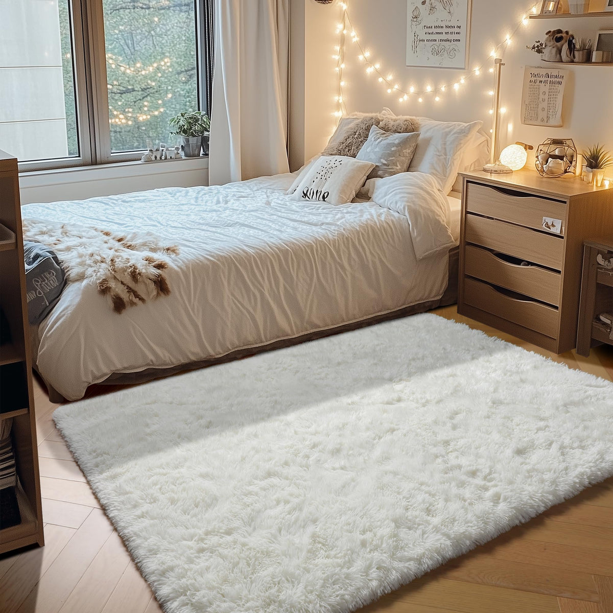 Area Rugs for Living Room Bedroom, 5x8 Fluffy Tie-Dyed Light Grey Shag Rug