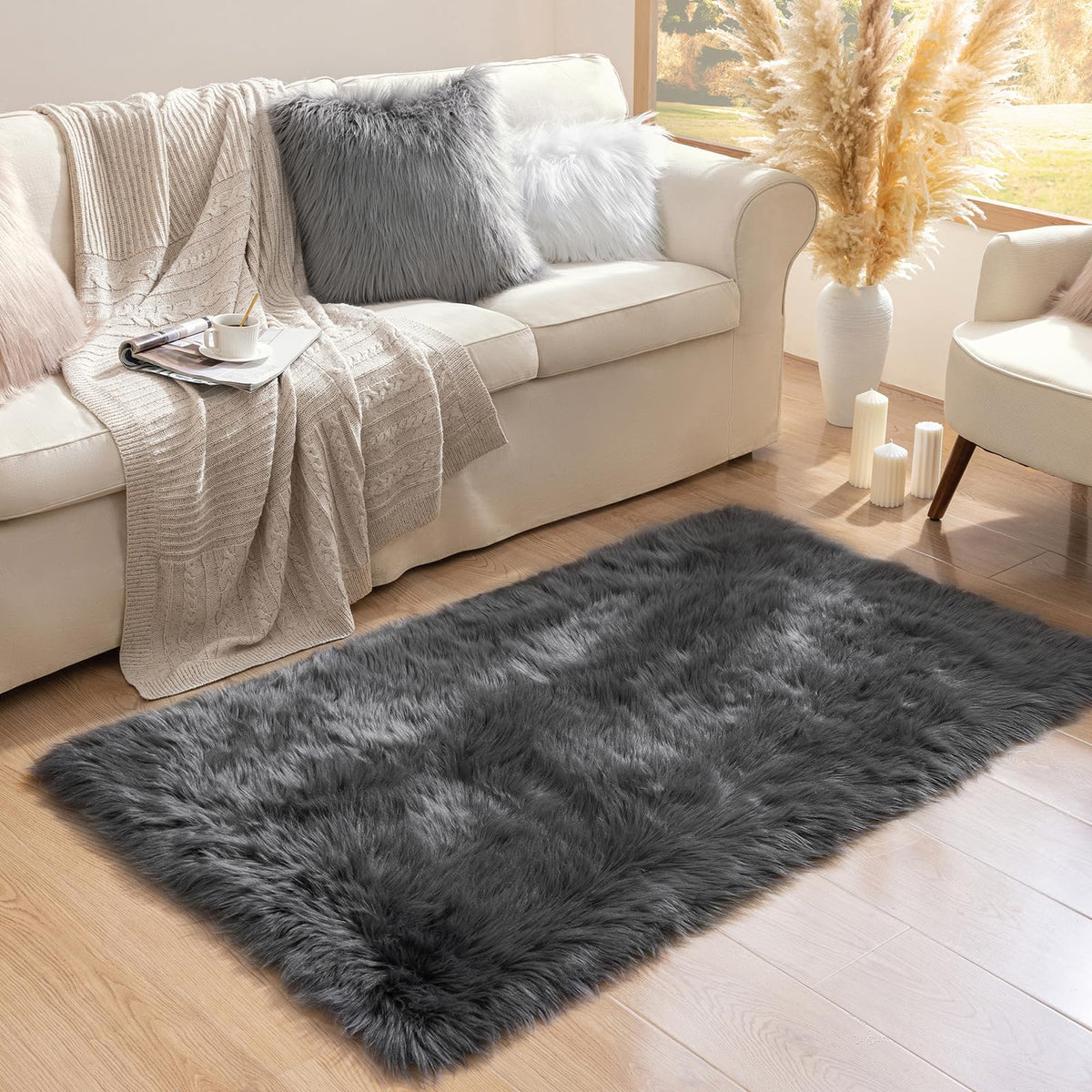 Ashler Faux Fur Rug, White, 2 x 6 Ft, Machine Washable