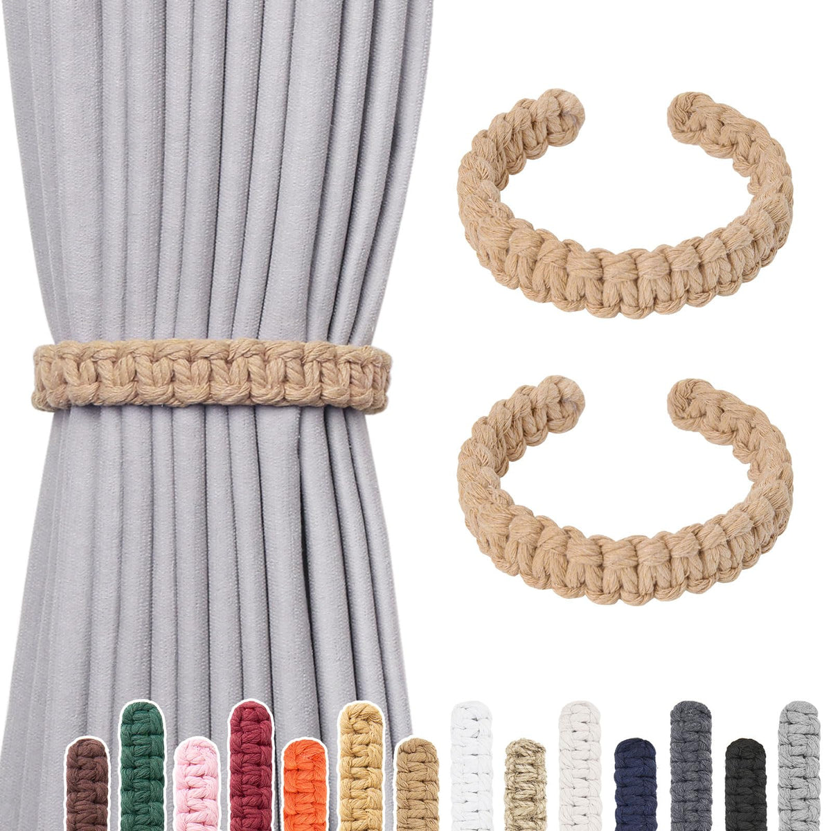 NICEEC 2 Pack Natural Cotton Rope Curtain Tiebacks Farmhouse Rustic Style Decorative Drape Tie Backs Handmade Braided Curtain Holdbacks for Home & Office Sheer/Light Weight Drapery (C-White-S)