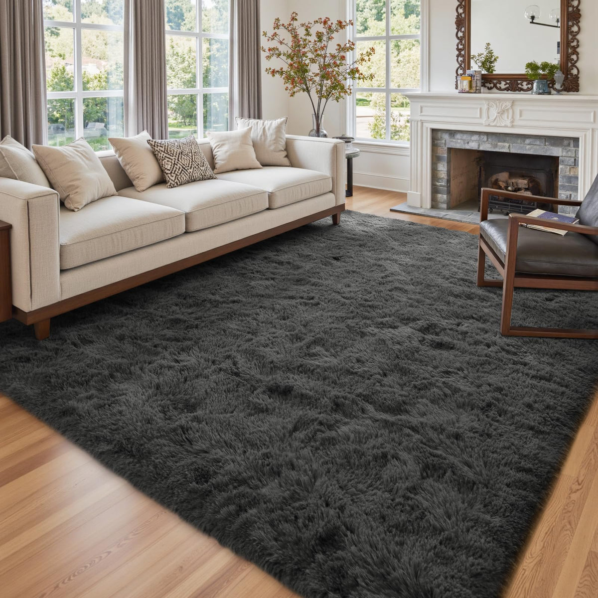 8x10 Ft Extra Large Shag Rugs for Living Room, Tie Dyed Ultra Soft Fluffy Furry Area Rugs for Bedroom Indoor Floor, Aesthetic Carpet for Kids Home Decor (Dark Grey)