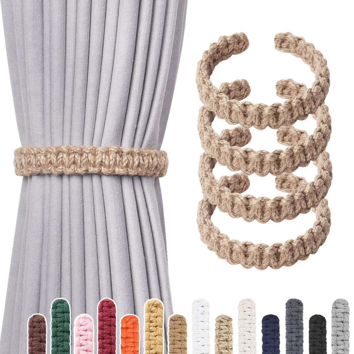 NICEEC 2 Pack Natural Cotton Rope Curtain Tiebacks Farmhouse Rustic Style Decorative Drape Tie Backs Handmade Braided Curtain Holdbacks for Home & Office Sheer/Light Weight Drapery (C-White-S)