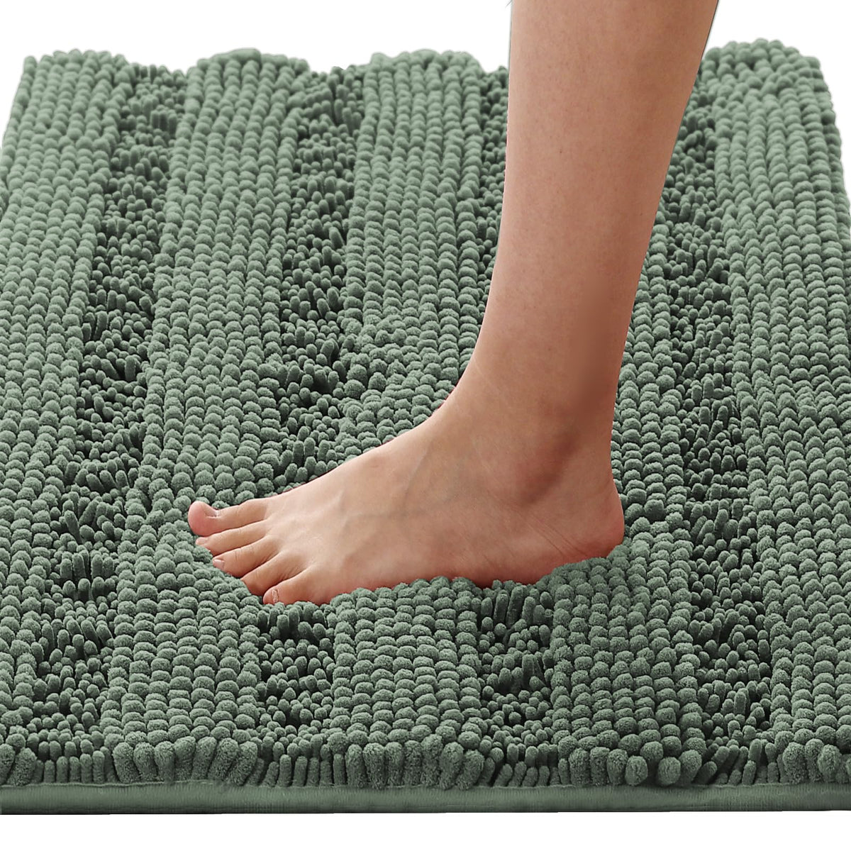 H.VERSAILTEX Sage Bathroom Rugs, Bath Mat Set of 2 Extra Thick Chenille Striped Pattern Shaggy Bath Rugs for Bath Room, Non Skid Bath Mats for Bathroom Floor (32 x 20 Plus 24 x 17 - Inches)
