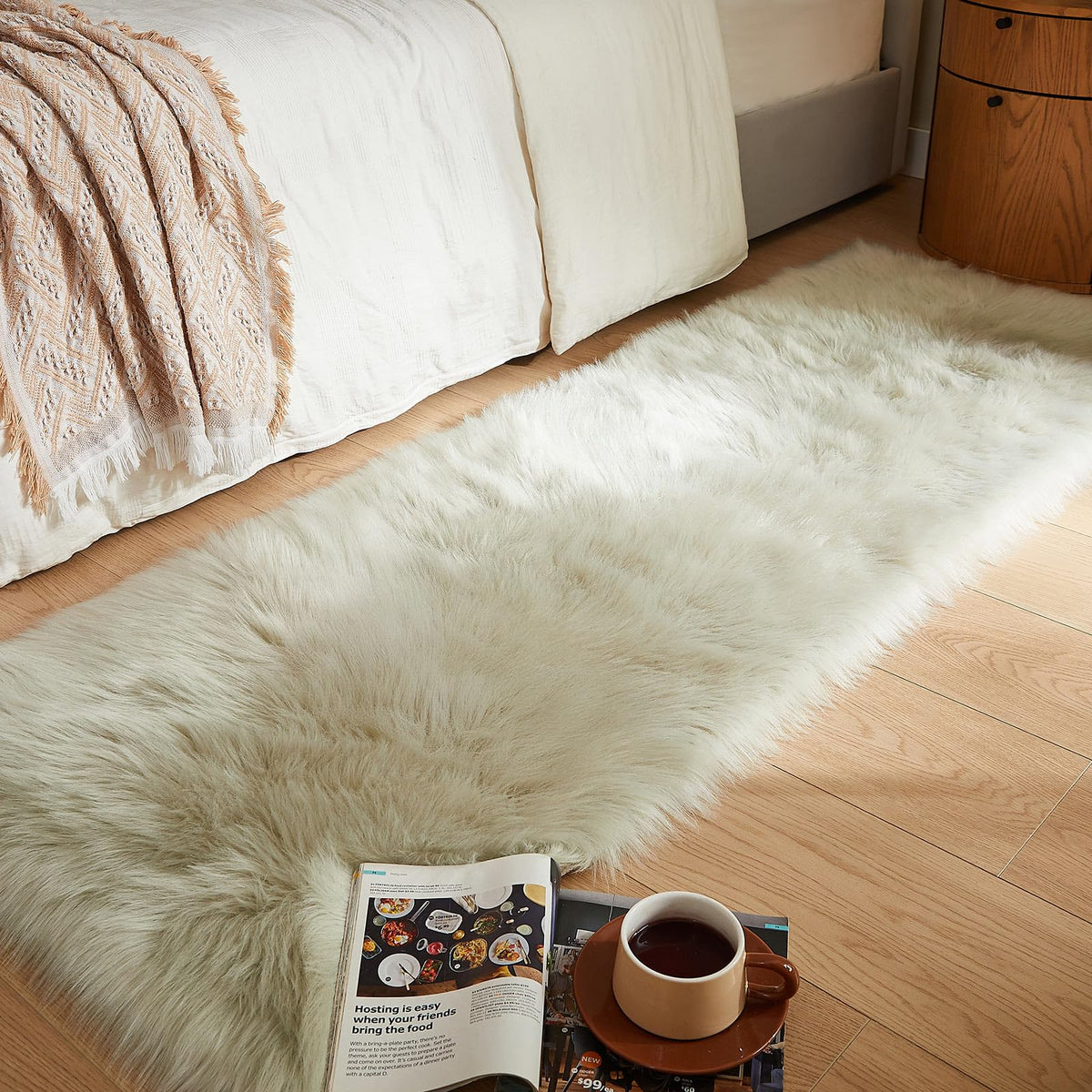 AMTOVO Faux Sheepskin Rug, Beige Ultra Soft Fluffy Shag Area Rug, 2 x 6 ft Faux Fur Rug for Bedroom Sofa Throw Cushion Room Decor, Sheepskin