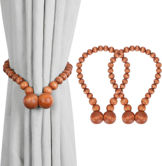 KLOGTSIND Magnetic Curtain Tiebacks, 2 Pack Wood Bead Curtain Holdbacks