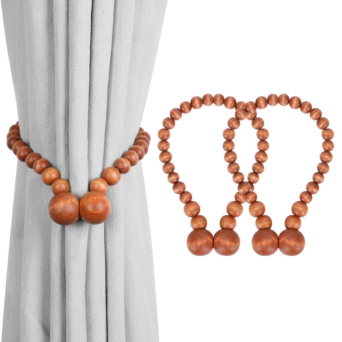 KLOGTSIND Magnetic Curtain Tiebacks, 2 Pack Wood Bead Curtain Holdbacks