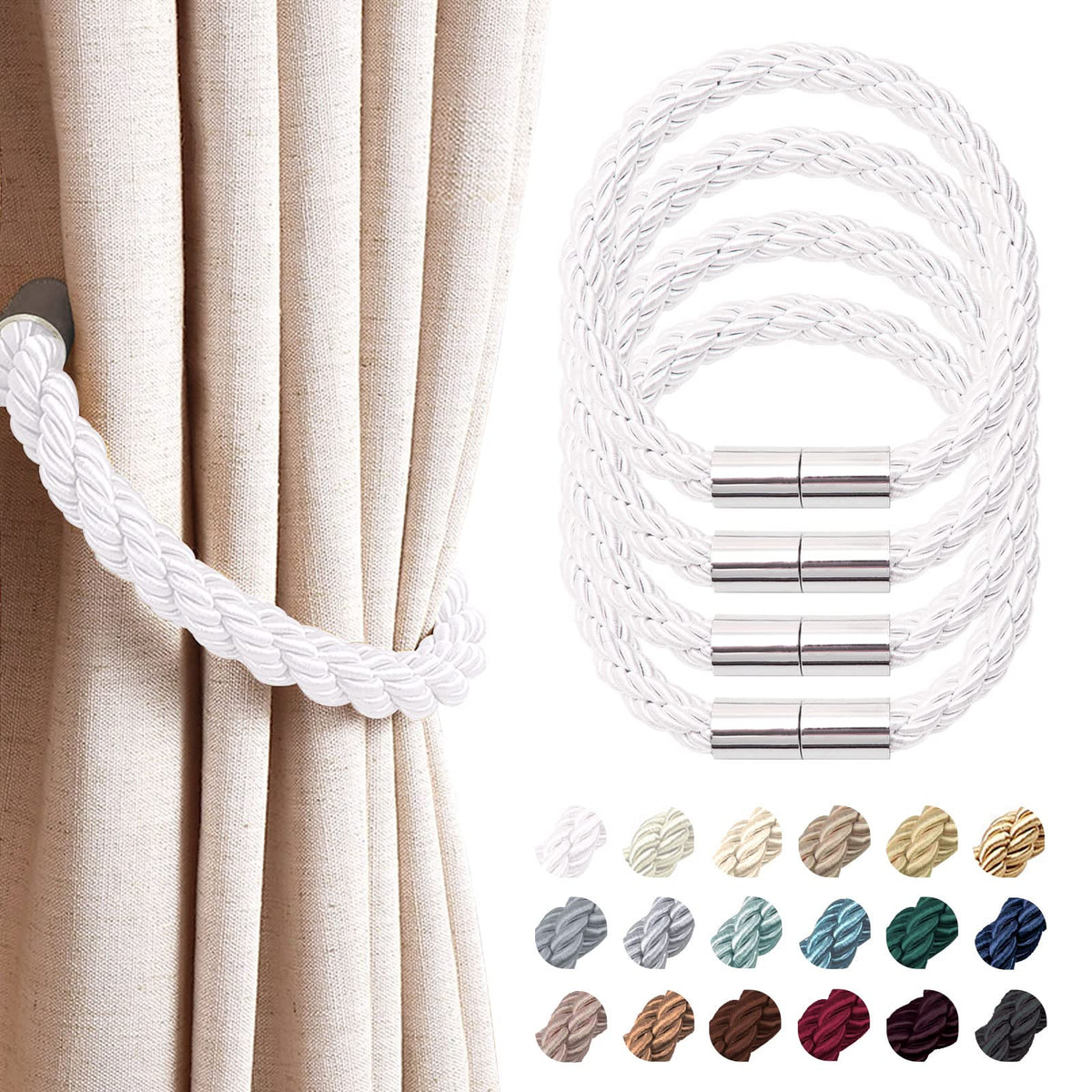 NICEEC 2 Pack Strong Magnetic Curtain Tiebacks Modern Simple Style Drape Tie Backs Convenient Decorative Weave Rope Curtain Holdbacks for Thin or Thick Home & Office Window Draperies (Beige)