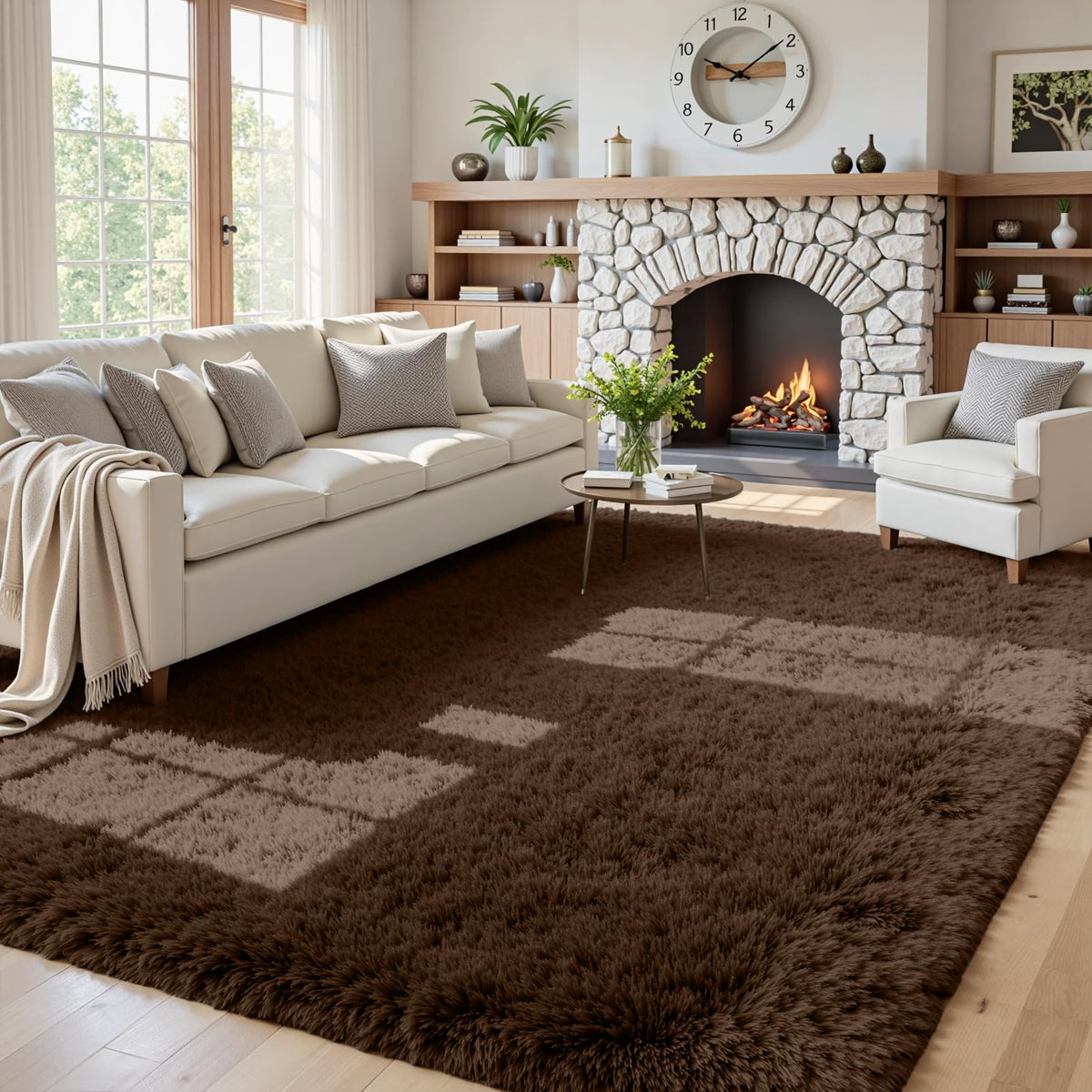 8x10 Fluffy Shag Area Rugs for Living Room Bedroom: Soft Carpet Gray Camel