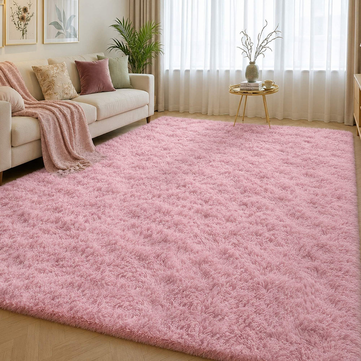 8x10 Ft Cream White Fluffy Area Rug for Living Room, Washable
