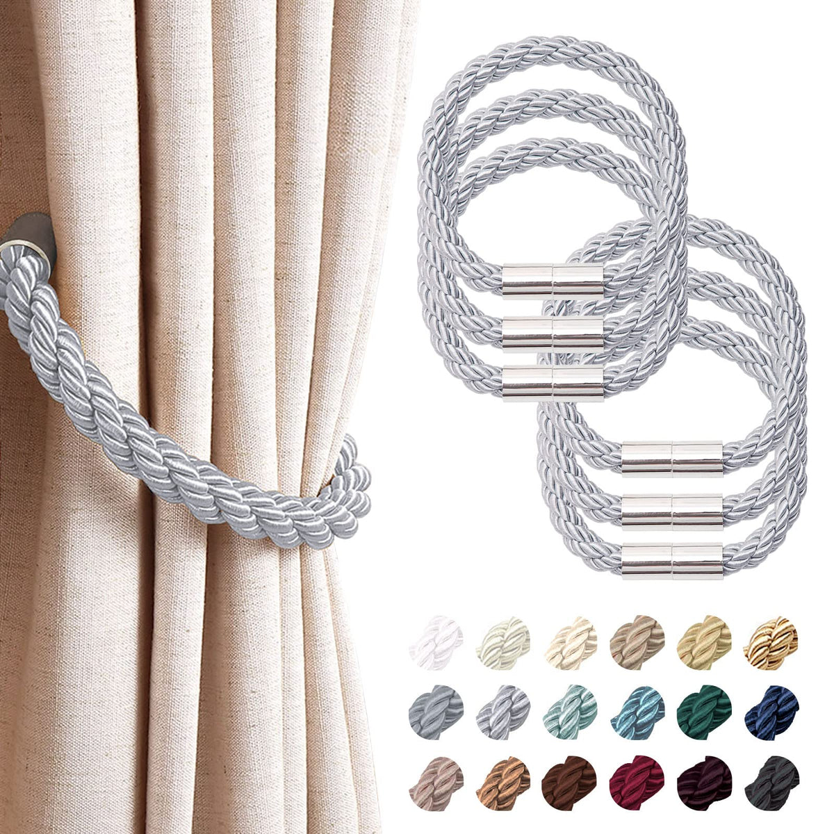 NICEEC 2 Pack Strong Magnetic Curtain Tiebacks Modern Simple Style Drape Tie Backs Convenient Decorative Weave Rope Curtain Holdbacks for Thin or Thick Home & Office Window Draperies (Beige)