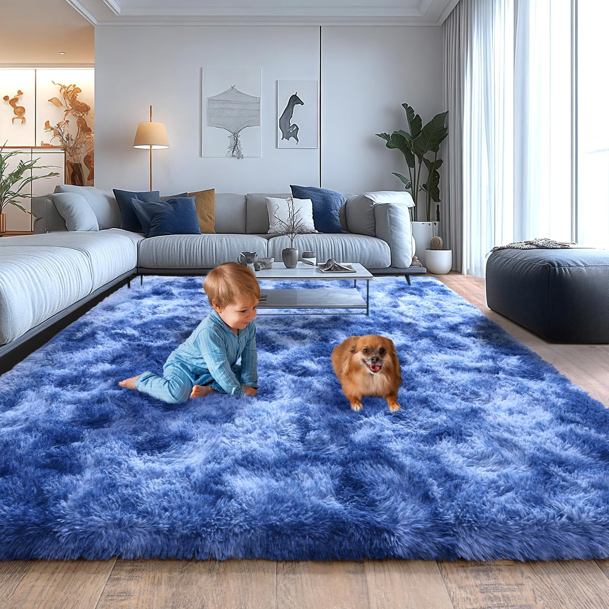 Large Living Room Area Rug 9x12Ft Shaggy Carpet Fuzzy Carpet Tie Dye Camel