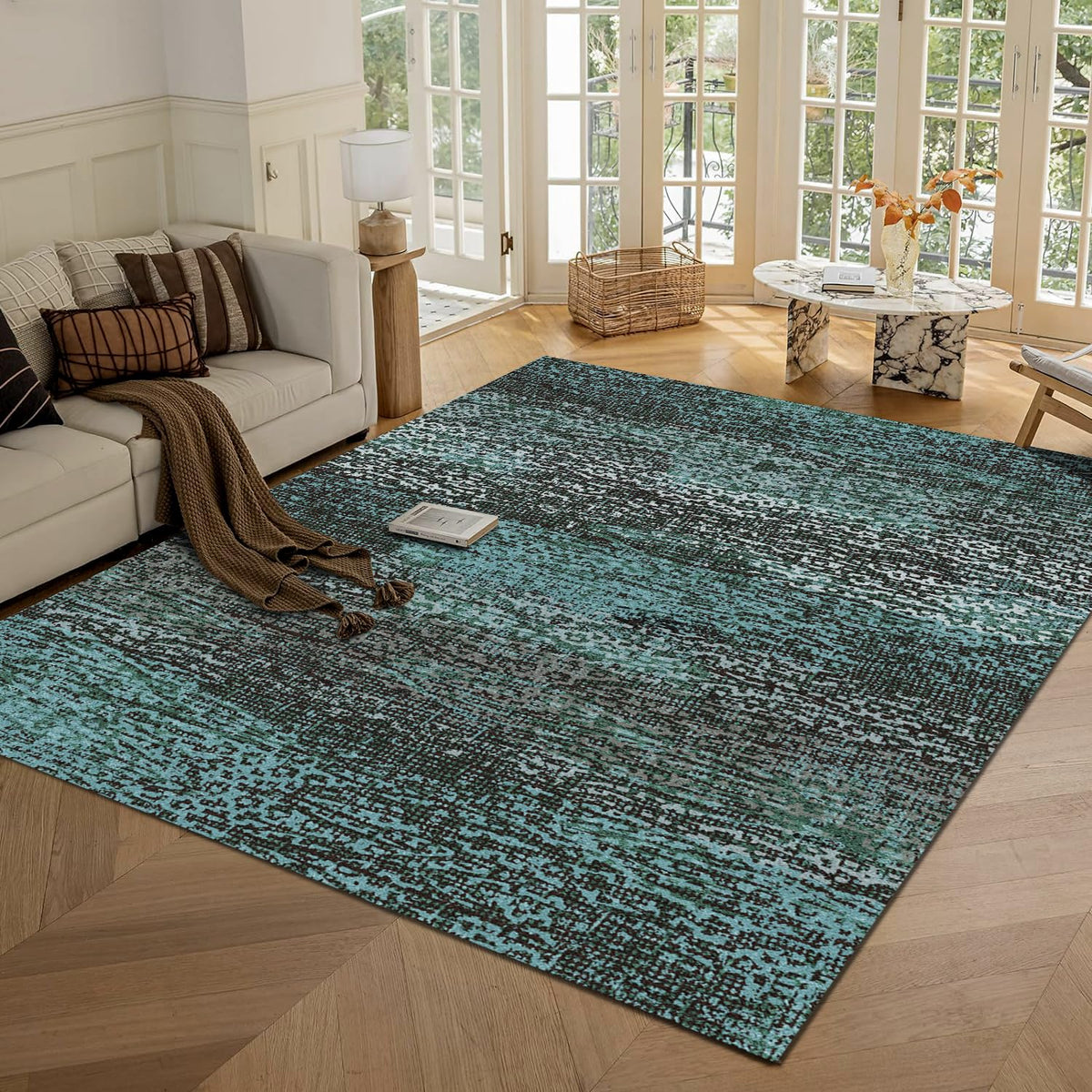 RUGSURE Washable Area Rugs 9' x 12' - 1/6 Thick - Moroccan-Inspired -Stain & Water Resistant Non-Slip - Resistant Rug for Living Room, Bedroom, Nursery, Pet & Child Friendly (Blue and Brown)