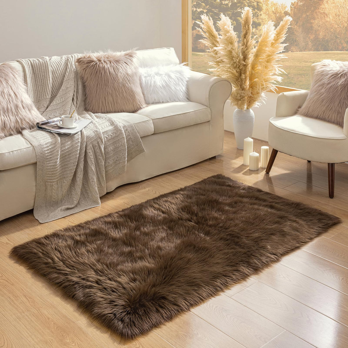 Ashler Faux Fur Rug, White, 2 x 6 Ft, Machine Washable
