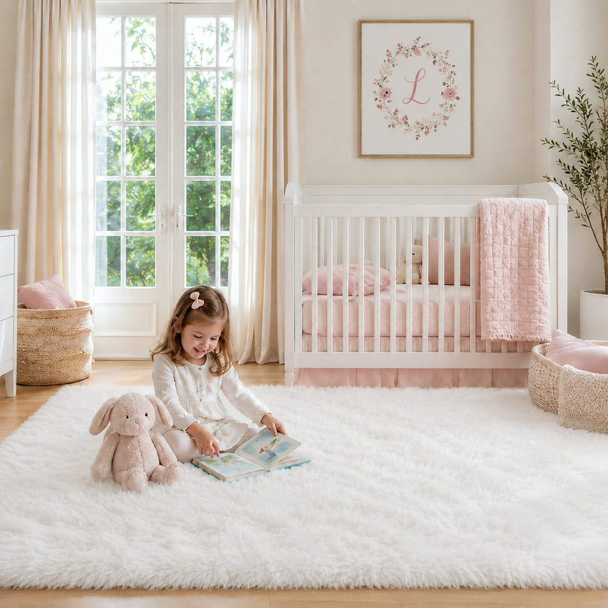 8x10 Ft Cream White Fluffy Area Rug for Living Room, Washable