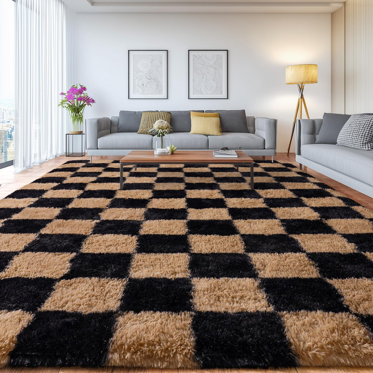 Large Living Room Area Rug 9x12Ft Shaggy Carpet Fuzzy Carpet Tie Dye Camel