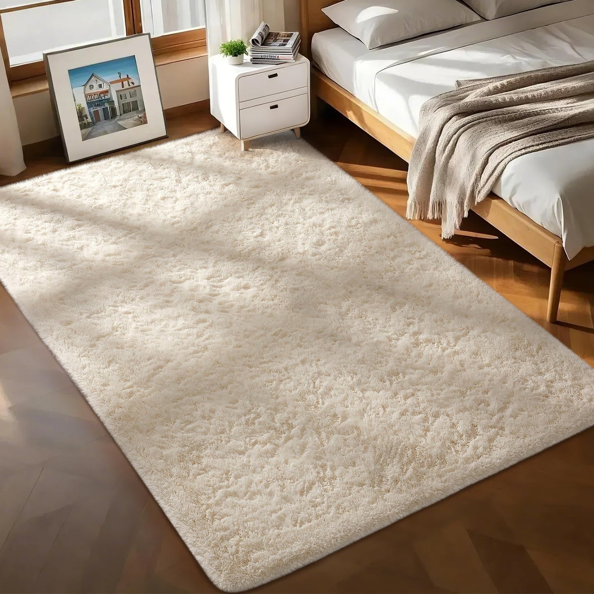 Ophanie 8x10 Area Rugs for Living Room, Washable Non-Slip Fluffy Soft Large Shag Bedroom Carpet, Ivory Big Indoor Nursery Rug, Carpets for Boy and Girls Room Dorm Decor with Over 99 pcs Pile fibers