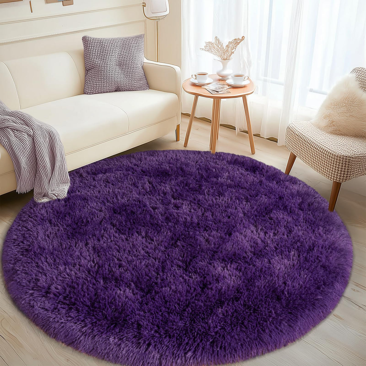 4Ft Fluffy Pink Round Rug for Girls Bedroom Kids Room, Washable Non-Slip