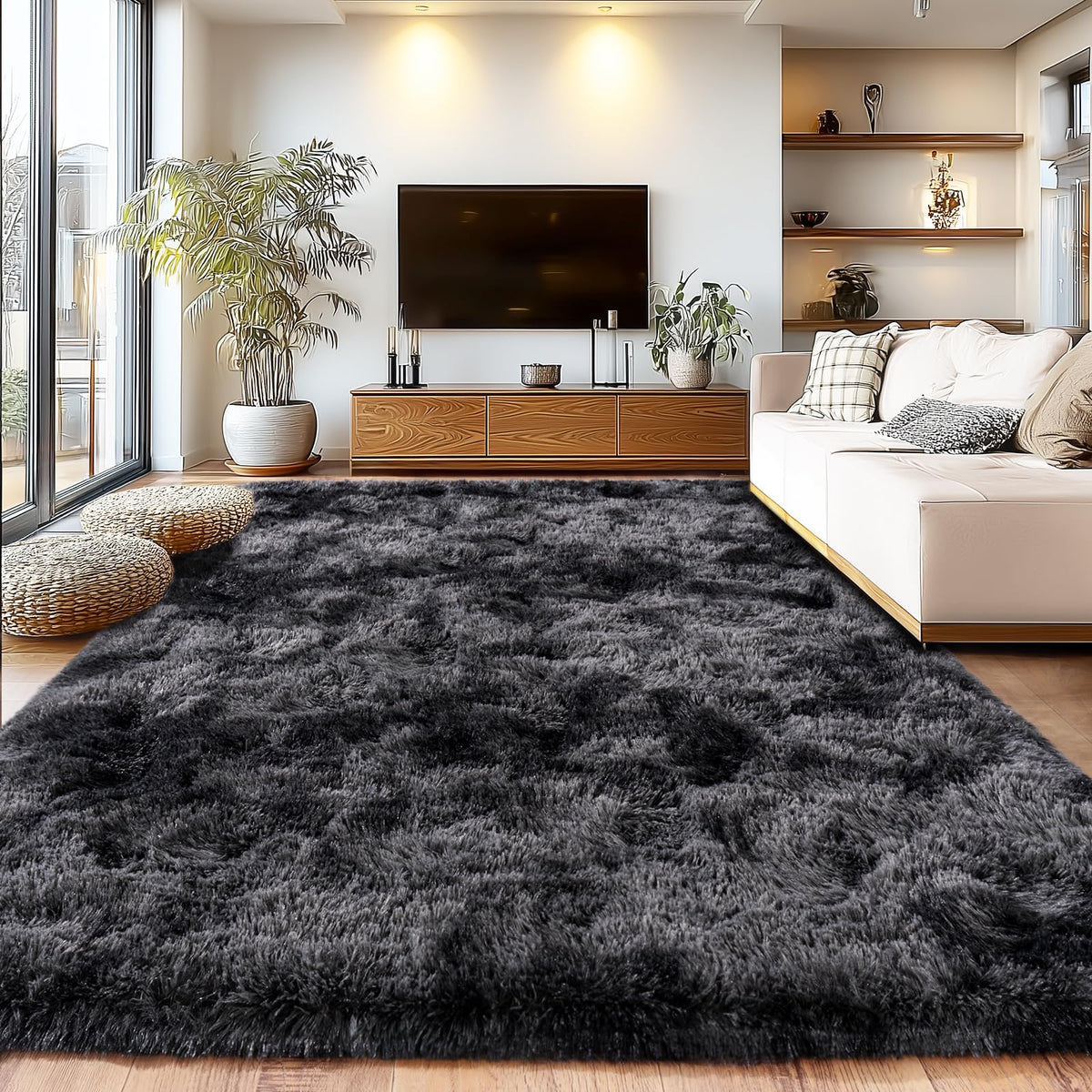 Large Living Room Area Rug 9x12Ft Shaggy Carpet Fuzzy Carpet Tie Dye Camel