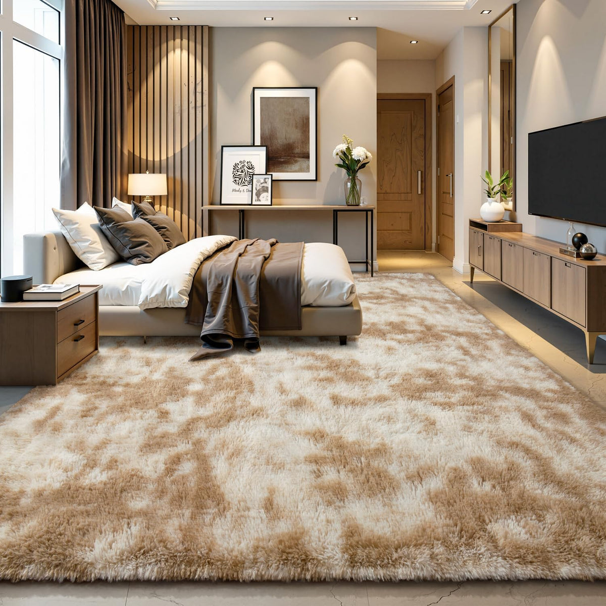 EVOIONOS Area Rug for Bedroom Living Room, Machine Washable 5x7 Fluffy Shag Rug, Soft Plush Non Slip Carpet for Indoor Floor Bedside Nursery Kids Girls Room Dorm, Home Decor Aesthetic, ‌Tie-Dye Camel