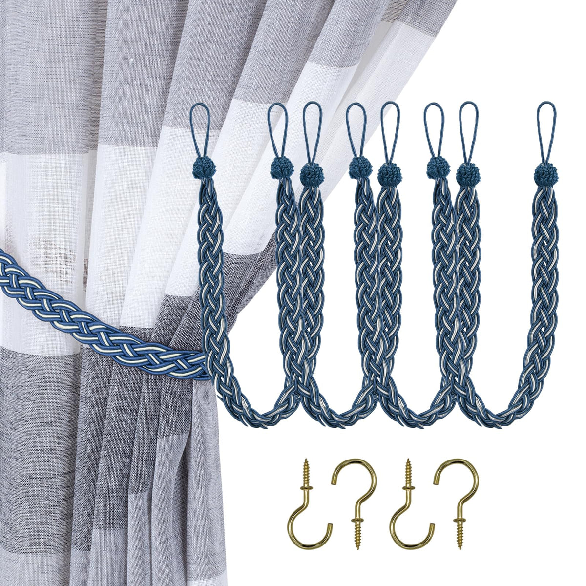 Home Queen Handwoven Rope Curtain Tiebacks for Drapes, 2 Pack Rope Holdbacks with Hooks, 23 Inch Long Polyester and Cotton Braided Tie Backs for Thick and Sheer Curtains,Navy and Silver