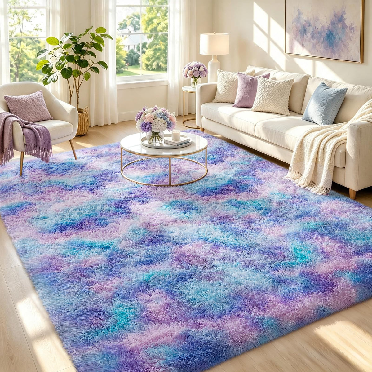 Ophanie 8x10 Area Rugs for Living Room, Washable Non-Slip Fluffy Soft Large Shag Bedroom Carpet, Ivory Big Indoor Nursery Rug, Carpets for Boy and Girls Room Dorm Decor with Over 99 pcs Pile fibers