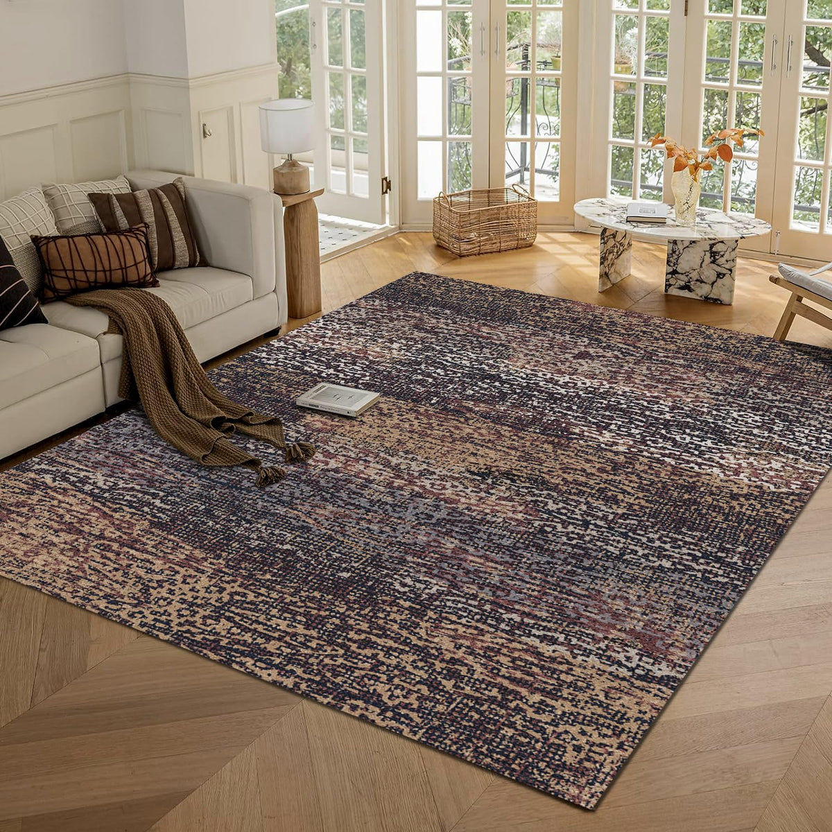 RUGSURE Washable Area Rugs 9' x 12' - 1/6 Thick - Moroccan-Inspired -Stain & Water Resistant Non-Slip - Resistant Rug for Living Room, Bedroom, Nursery, Pet & Child Friendly (Blue and Brown)