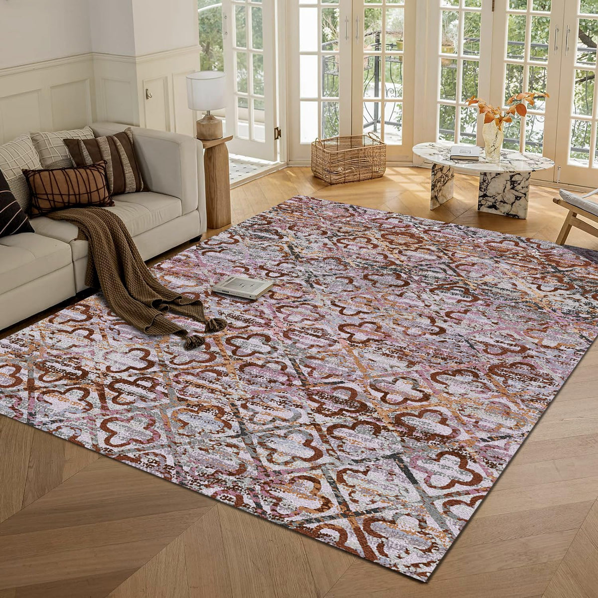 RUGSURE Washable Area Rugs 9' x 12' - 1/6 Thick - Moroccan-Inspired -Stain & Water Resistant Non-Slip - Resistant Rug for Living Room, Bedroom, Nursery, Pet & Child Friendly (Blue and Brown)