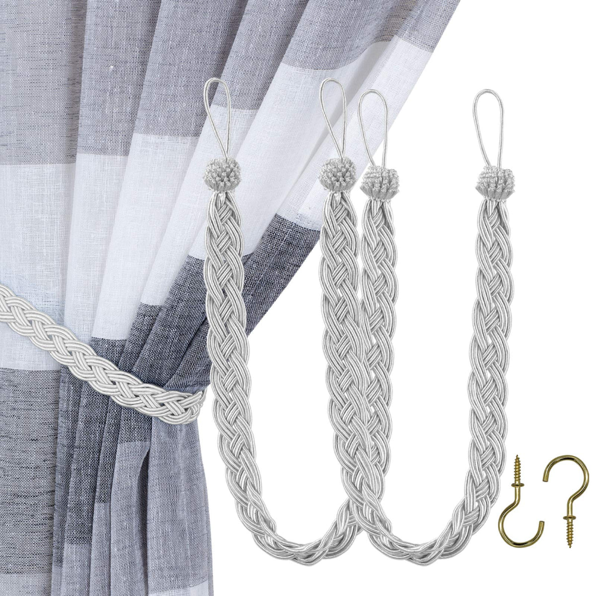 Home Queen Handwoven Rope Curtain Tiebacks for Drapes, 2 Pack Rope Holdbacks with Hooks, 23 Inch Long Polyester and Cotton Braided Tie Backs for Thick and Sheer Curtains,Navy and Silver