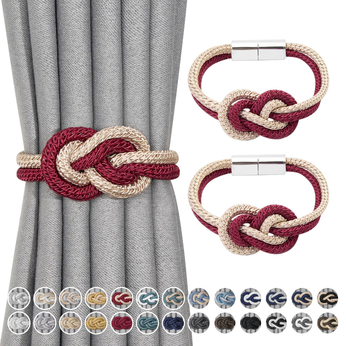NICEEC 2 Pack Mini Magnetic Curtain Tiebacks Nordic Simple Style Drape Tie Backs Elegant Hand Weave Rope Knot Decorative Curtain Holdbacks for Home & Office Thin Window Drapery (Silver Grey)