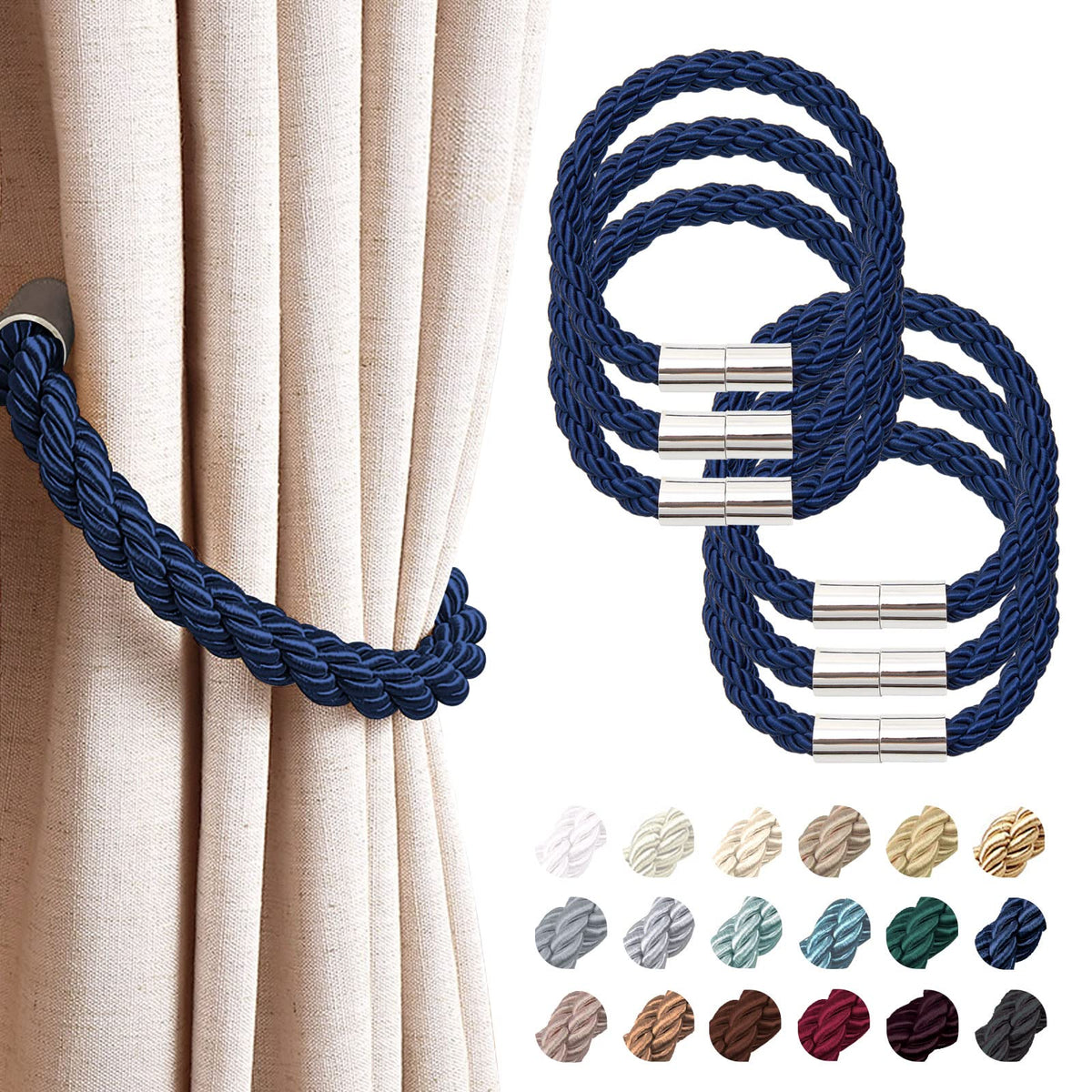 NICEEC 2 Pack Strong Magnetic Curtain Tiebacks Modern Simple Style Drape Tie Backs Convenient Decorative Weave Rope Curtain Holdbacks for Thin or Thick Home & Office Window Draperies (Beige)