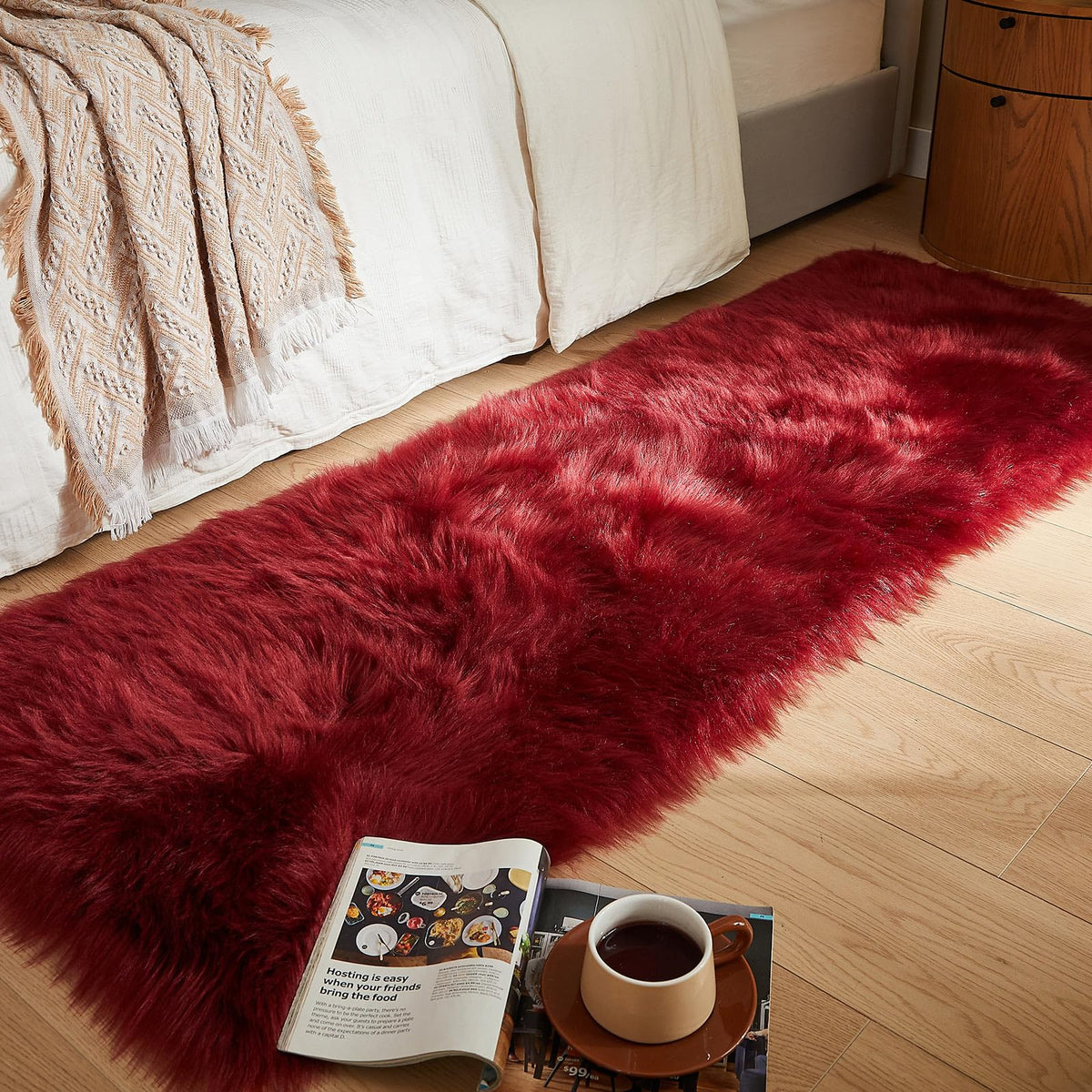 AMTOVO Faux Sheepskin Rug, Beige Ultra Soft Fluffy Shag Area Rug, 2 x 6 ft Faux Fur Rug for Bedroom Sofa Throw Cushion Room Decor, Sheepskin