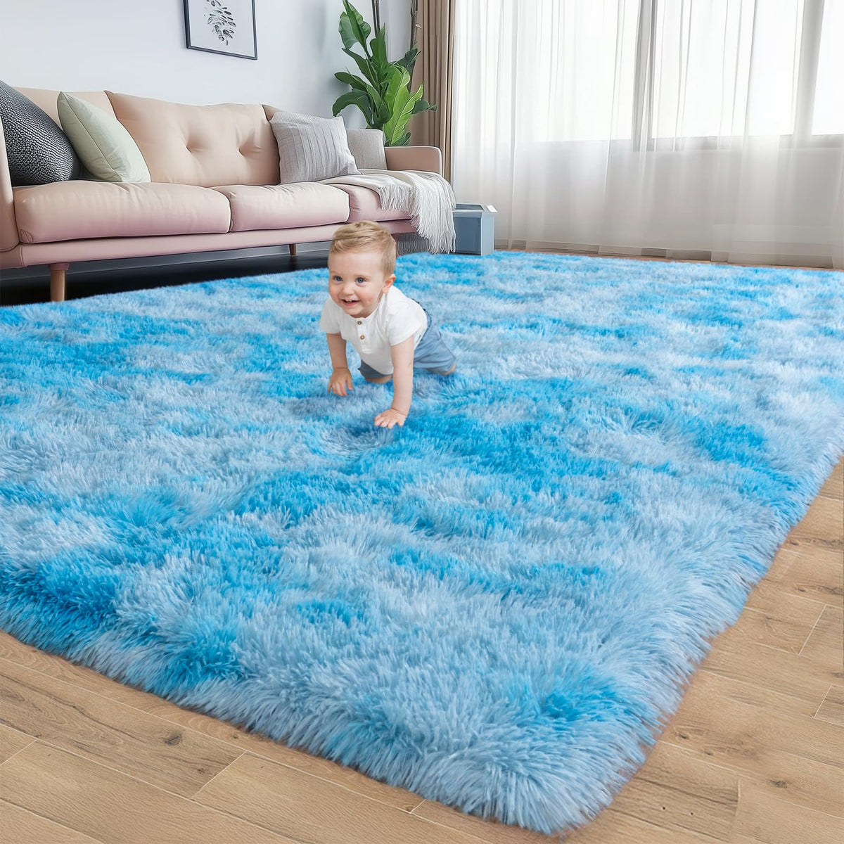 9x12 Large Shag Rugs for Living Room, Washable Abstract Blue Yellow