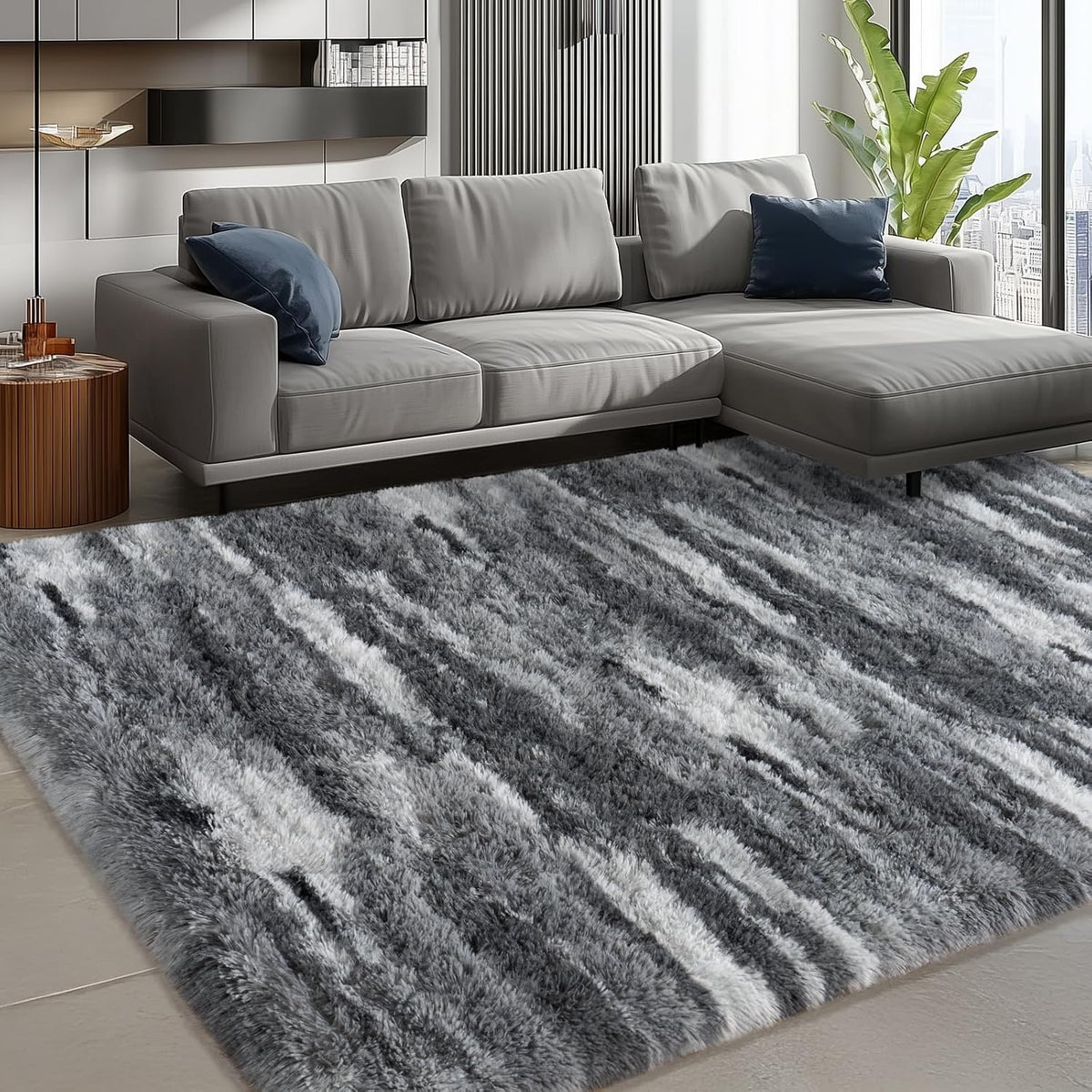 8x10 Large Shag Rugs for Living Room, Washable Abstract Grey