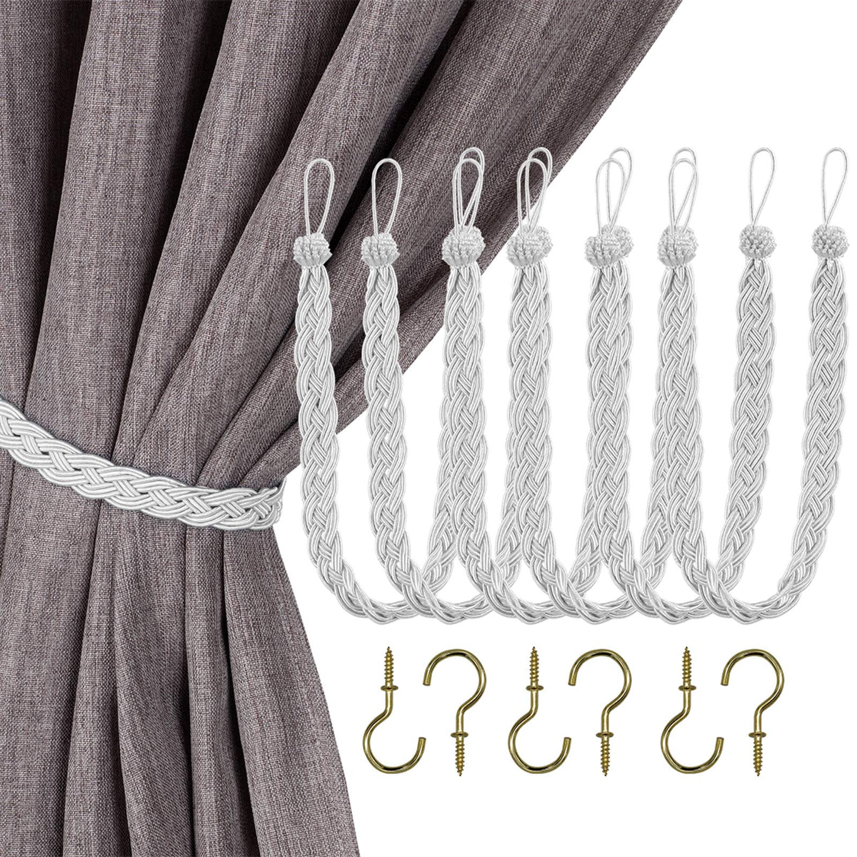 Home Queen Handwoven Rope Curtain Tiebacks for Drapes, 2 Pack Rope Holdbacks with Hooks, 23 Inch Long Polyester and Cotton Braided Tie Backs for Thick and Sheer Curtains,Navy and Silver