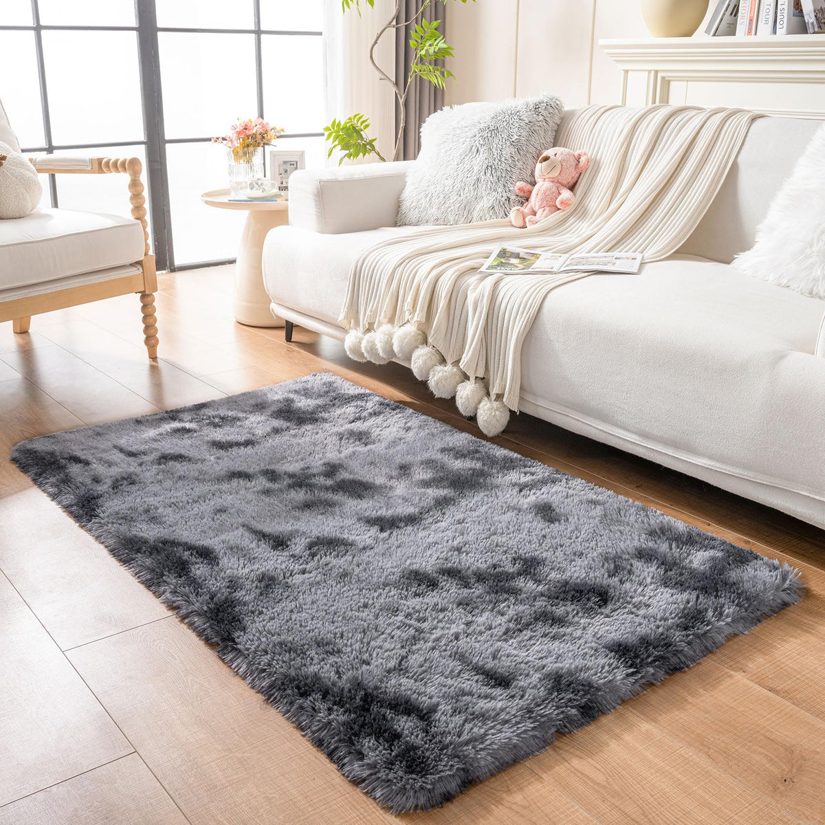 duduta Navy Blue Fluffy Bedroom Rug 3x5 ft, Tie-Dye Shag Plush Area Rug