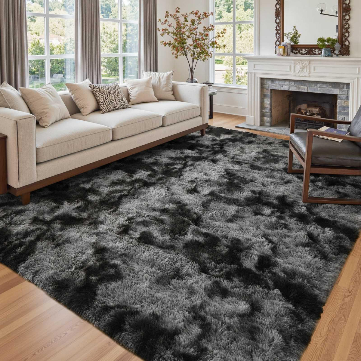 8x10 Ft Extra Large Shag Rugs for Living Room, Tie Dyed Ultra Soft Fluffy Furry Area Rugs for Bedroom Indoor Floor, Aesthetic Carpet for Kids Home Decor (Dark Grey)