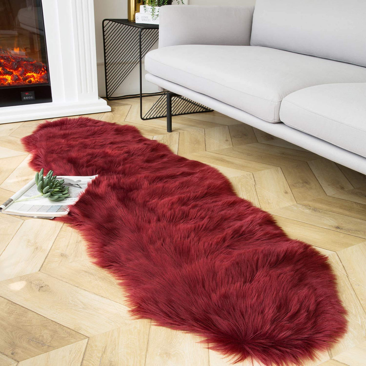 Ashler Faux Fur Rug, White, 2 x 6 Ft, Machine Washable