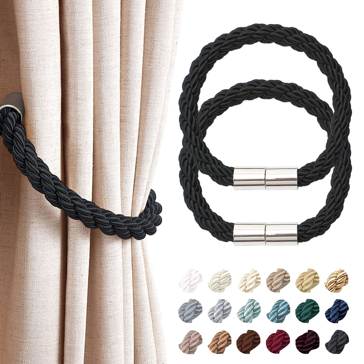 NICEEC 2 Pack Strong Magnetic Curtain Tiebacks Modern Simple Style Drape Tie Backs Convenient Decorative Weave Rope Curtain Holdbacks for Thin or Thick Home & Office Window Draperies (Beige)