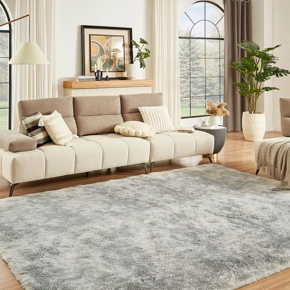 Floralux Rugs for Living Room, 6x9 Large Shag Area Rug, Tie-Dyed Light Grey Soft Fluffy Carpets for Bedroom