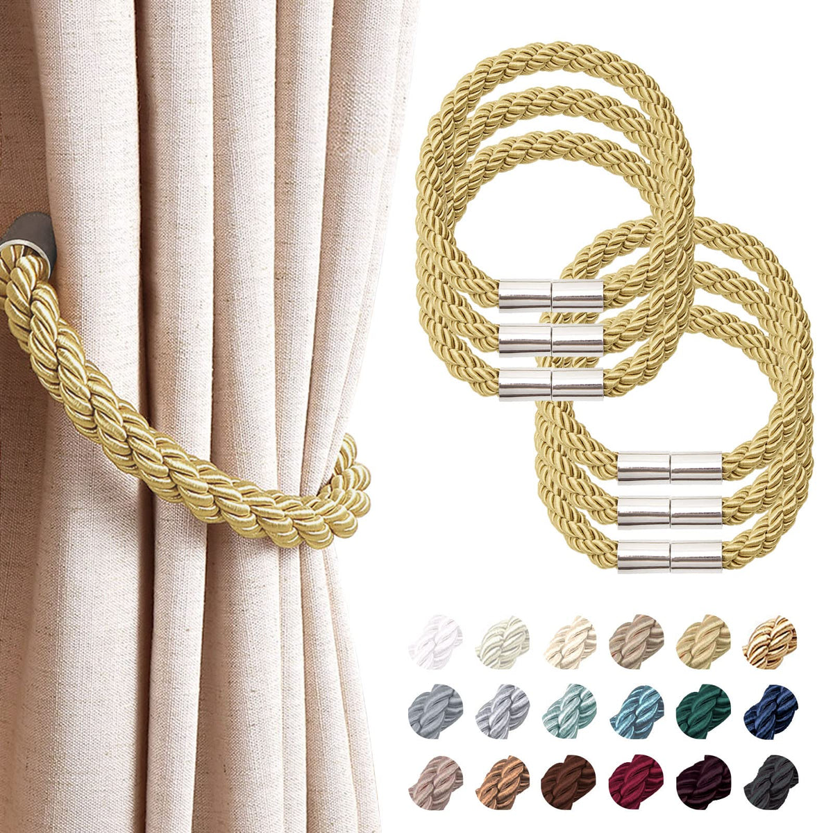 NICEEC 2 Pack Strong Magnetic Curtain Tiebacks Modern Simple Style Drape Tie Backs Convenient Decorative Weave Rope Curtain Holdbacks for Thin or Thick Home & Office Window Draperies (Beige)
