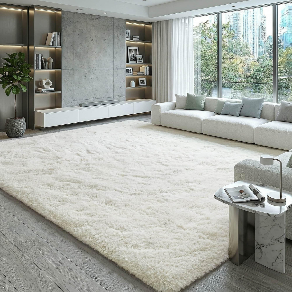 8x10 Ft Cream White Fluffy Area Rug for Living Room, Washable