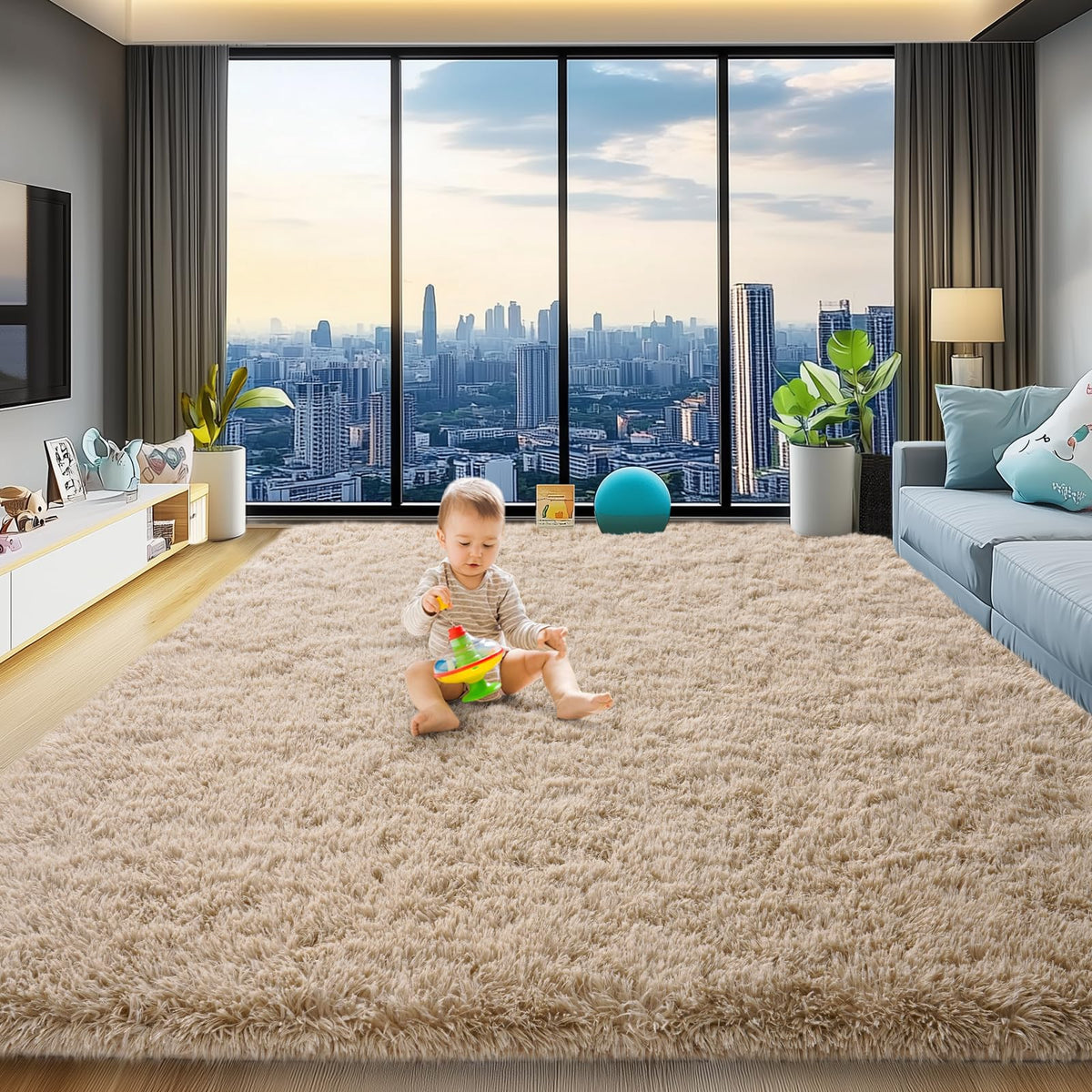 qulint Large Area Rug for Living Room 10x14, Fluffy Tan Rug for Bedroom