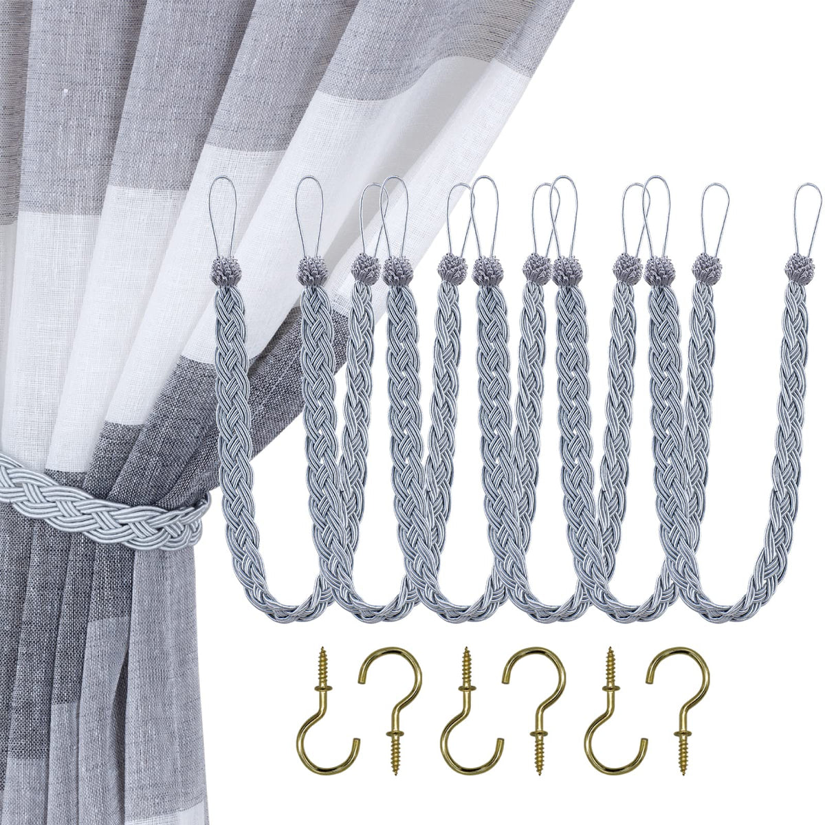 Home Queen Handwoven Rope Curtain Tiebacks for Drapes, 2 Pack Rope Holdbacks with Hooks, 23 Inch Long Polyester and Cotton Braided Tie Backs for Thick and Sheer Curtains,Navy and Silver