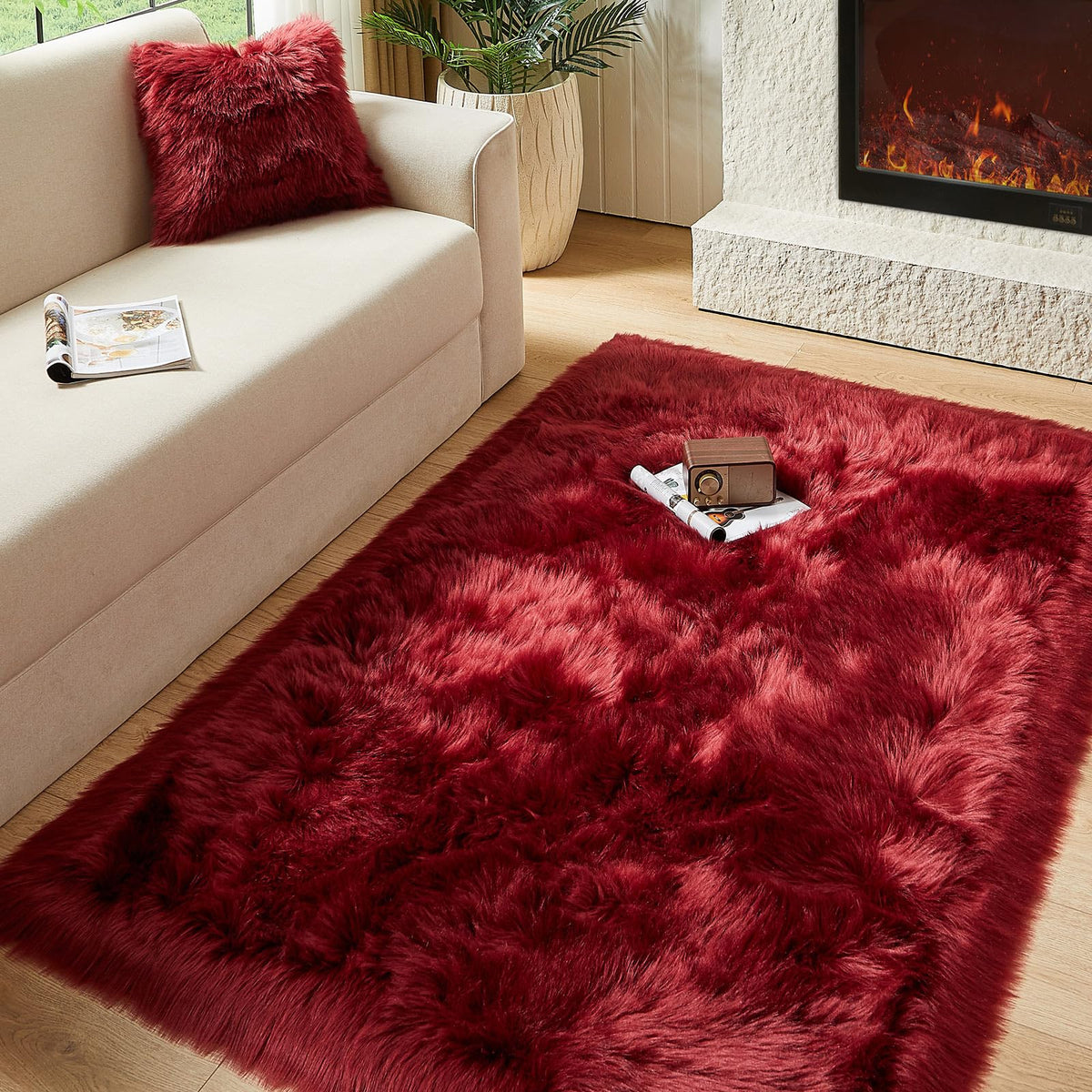 AMTOVO Faux Sheepskin Rug, Beige Ultra Soft Fluffy Shag Area Rug, 2 x 6 ft Faux Fur Rug for Bedroom Sofa Throw Cushion Room Decor, Sheepskin