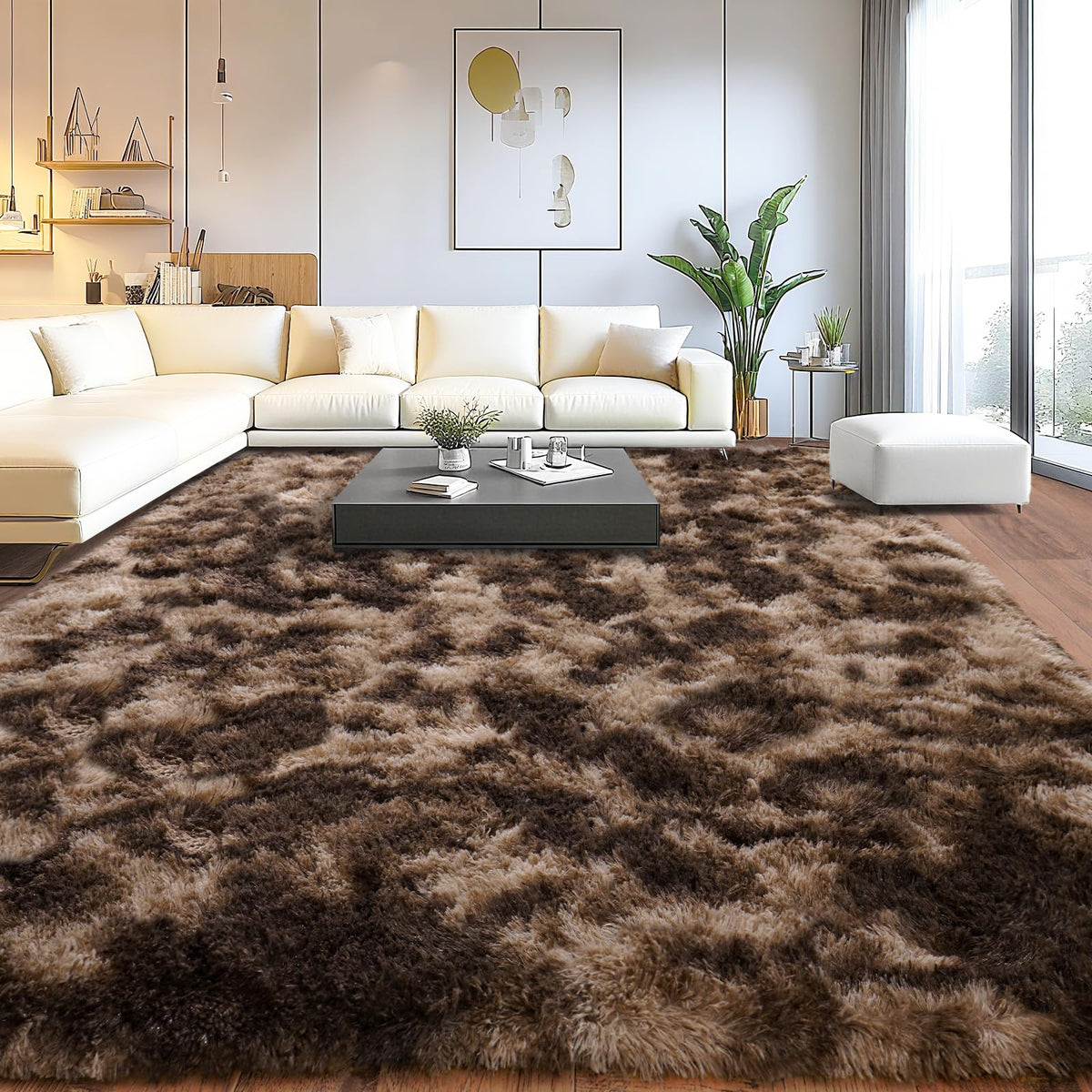 Large Living Room Area Rug 9x12Ft Shaggy Carpet Fuzzy Carpet Tie Dye Camel