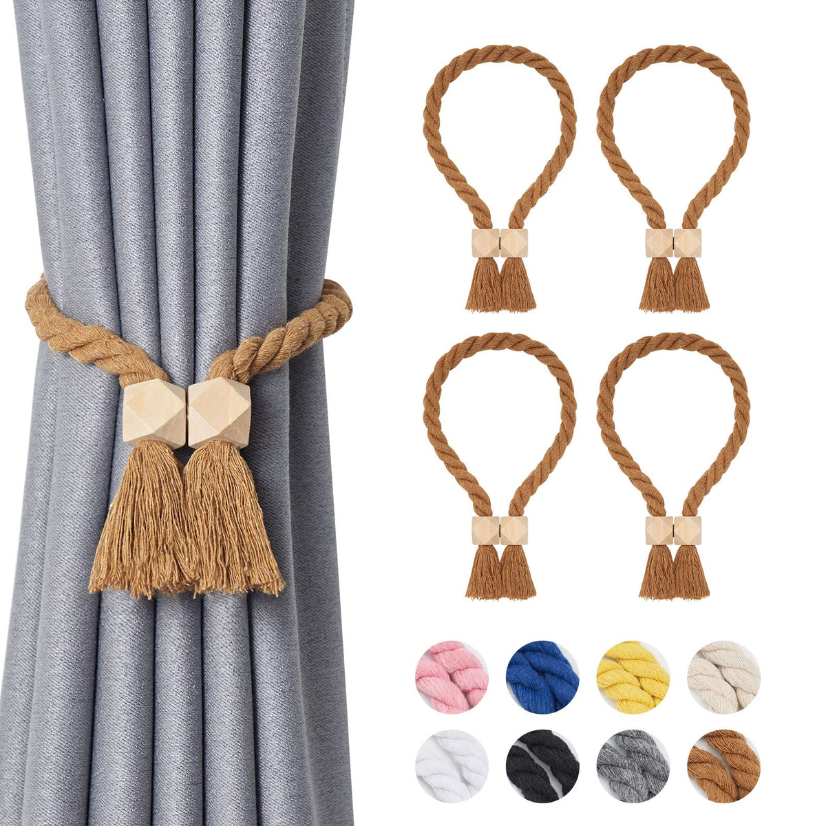 NICEEC 2 Pack Wooden Ball Magnetic Curtain Tiebacks Boho Home Decor Drape Tie Backs Natural Cotton Hand Woven Rope Curtain Holdbacks for Thin & Thick Home & Office Window Draperies (Beige)
