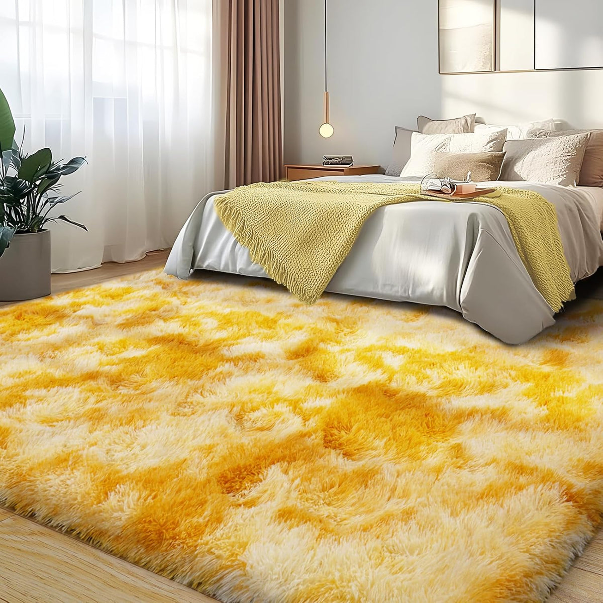 Large 8x10 Area Rugs for Living Room, Tie-Dyed Yellow Soft Shag Rug
