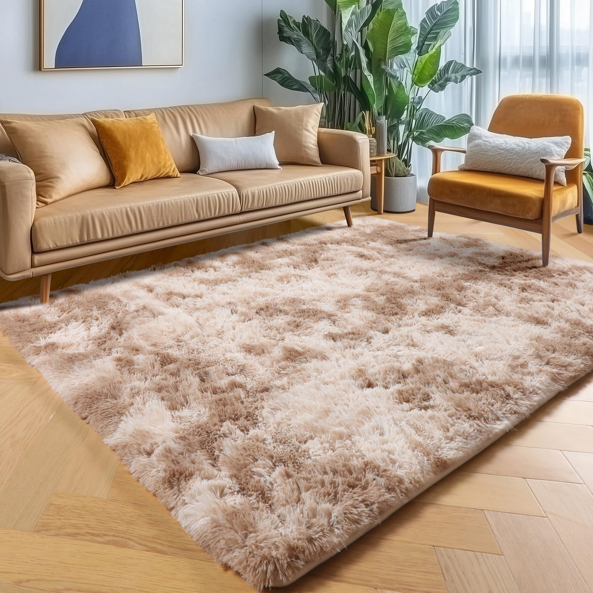 Area Rugs for Living Room Bedroom, 5x8 Fluffy Tie-Dyed Light Grey Shag Rug