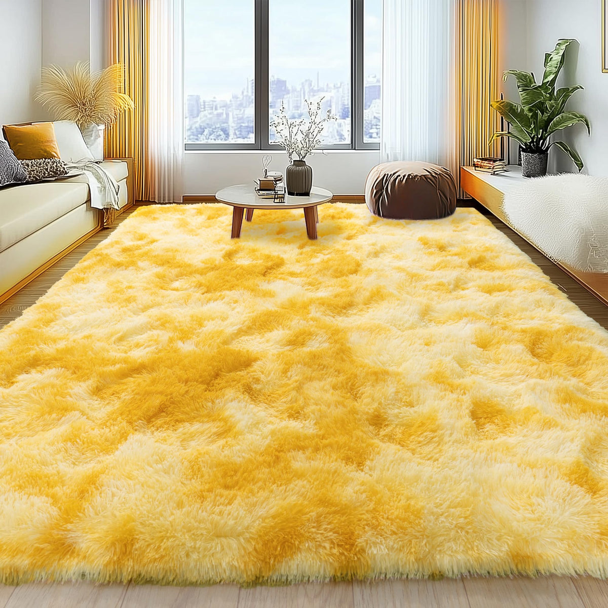 Large 8x10 Area Rugs for Living Room, Tie-Dyed Yellow Soft Shag Rug