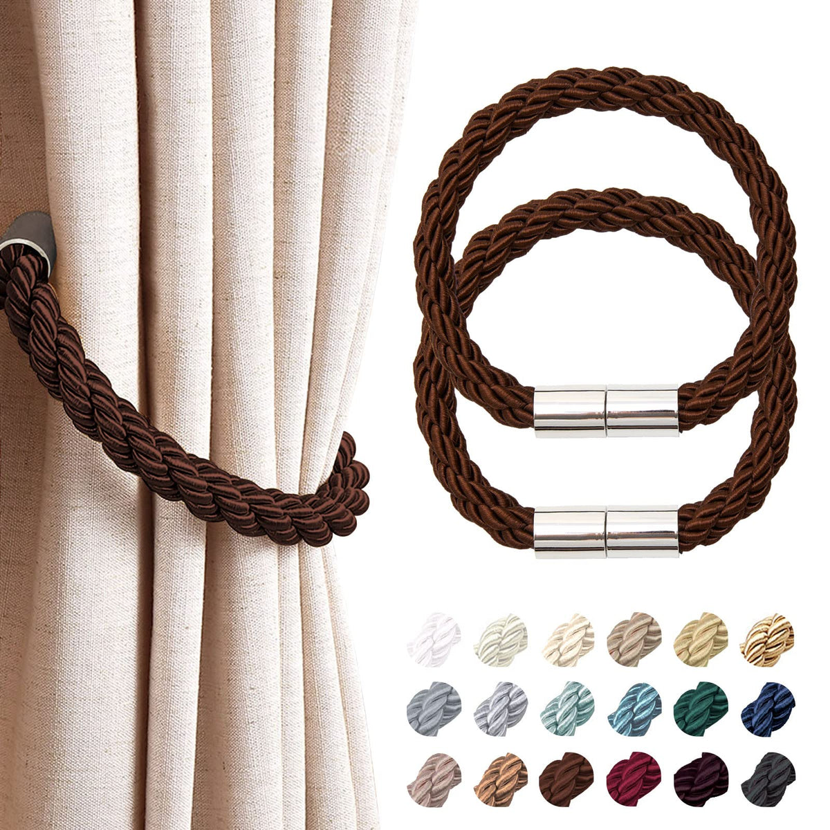 NICEEC 2 Pack Strong Magnetic Curtain Tiebacks Modern Simple Style Drape Tie Backs Convenient Decorative Weave Rope Curtain Holdbacks for Thin or Thick Home & Office Window Draperies (Beige)
